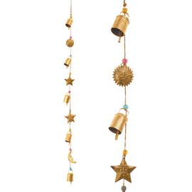 Rustic Vintage Bell for Home Wall Décor Decoration Garden - 5 Handmade Bells Sun Star Moon in a String with Beads Wind Chime Bell Chime Cow Cat Cattle Bells Gifting (Sun Star and Moon)