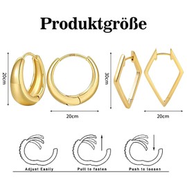 HEEYA Earrings Gold Set Hoop Earrings Silver 925 Gold-Plated with 14 Carat 1 Pair Oval Hoop Earrings + 1 Pair Square Earrings Hypoallergenic Earrings Hoop Earrings Small Huggie Earrings for Women,