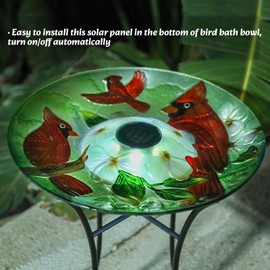 MUMTOP Glass Bird Baths for Outside, 16 Inch Width Outdoor Garden Red Cardinals Bird Bath Bowl with Solar Light and Metal Stand, Large Glass Birdbaths Bird Feeder for Yard Decor, 20 Inch Height