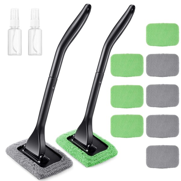 2 Pack Windshield Cleaning Tool Windshield Cleaning Wand Auto Window Cleaner with Detachable Handle, 8 Pieces Reusable Cloth Pads and 2 Pieces Spray Bottles for Car Interior (Gray, Green)