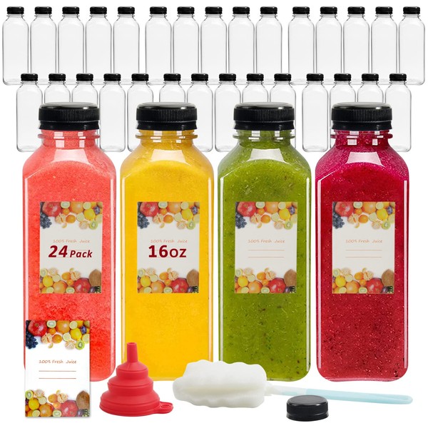 YULEER 24pcs 16oz Plastic Bottles with Caps, Take Out Bottles