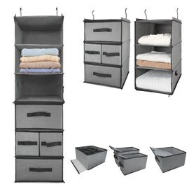 2-in-1 Durable 6-Tier Hanging Closet Organizer with 4 Removable Drawers,2 Separable 3-Tier Thickened Fabric Hanging Shelf Clothes Storage Organization Space-saving for Bedroom,Dorm,Guestroom,RV,Travel