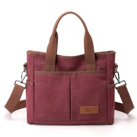 MAYMOONER Women's Canvas Tote Bag Casual Canvas Crossbody Bag with Zipper Multi Pockets Casual Canvas Shoulder Bag for Work Travel Daily Use(Purplish Red)