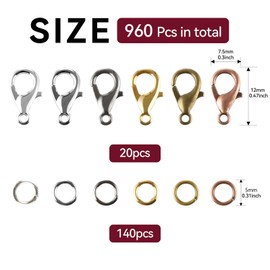 960Pcs Lobster Claw Clasps and Open Jump Rings Set,Lobster Clasps for Jewelry Making, Keychains,Bracelet and for DIY Bracelet Necklace Jewelry Making