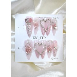 Rose Jewel Heart Handmade Nail Tips - Almond / 로즈 쥬얼 하트 수제네일팁 - 아몬드
