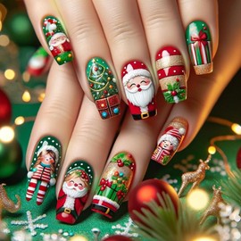Christmas Cartoon Press on Nails Medium Square Fake Nails, Winter Xmas Press on Nails Cute with Santa Claus Gift Box Design Glossy False Nails Christmas Glue on nails Christmas Acrylic Nails 24Pcs