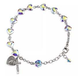 HMH Religious Fine Austrian Crystal Aurora Heart Shaped Bead Sterling Silver Rosary Bracelet