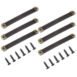 PATIKIL 7" Leather Drawer Pulls with Iron Sheet, 6 Pcs Leather Strap Trunk Handle Cabinet Knobs Hardware Replacement with 18mm Screws for Dresser Door Suitcase Luggage, Brown