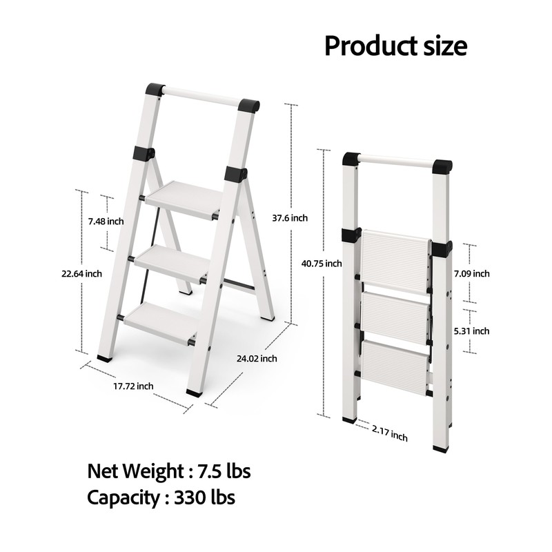 Taranta 3 Step Ladder, Lightweight Aluminum Step Stool with Convenient