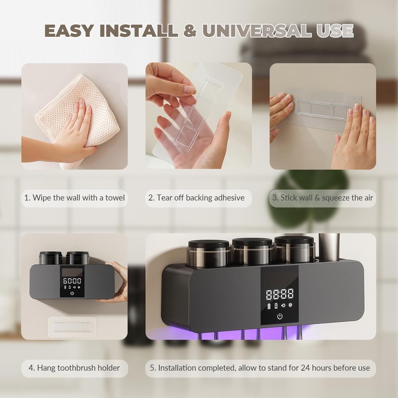 Smart Wall-Mounted Toothbrush Holder with Solar Charging, 6 Brush Slots