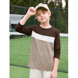 Haloumoning Boys Long Sleeve Shirts Kids Fashion Fall Tops Crewneck Color Block Tees 5-14Y Dark Brown