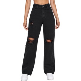 SweatyRocks Women's High Waist Slant Pocket Denim Jeans Ripped Straight Leg Pants Plain Black M