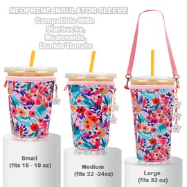 3PC Reusable Neoprene Iced Coffee Sleeve with Strap & Charms Perfect Cold Drink Sleeve for Iced Drinks, Coffee Cup Sleeves, and More Durable, Insulated Coffee Sleeves for Iced Coffees & Cold Beverages