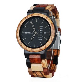 BEWELL Men Colorful Wood Watches Multifunction Week & Date Quartz Mix Wooden Watch Mens Lightweight