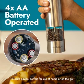 Latent Epicure Electric Salt & Pepper Grinder Set – Battery Operated Stainless-Steel Mills & Shakers with Light, Adjustable Ceramic Grinders & Acrylic Rest Tray