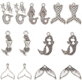 SUNNYCLUE 1 BOX 112Pcs 7 Styles Silver Mermaid Charms Bulk Fish Tail Charms Sealife Ocean Marine Alloy Ancient Tibetan Little Summer Charms for jewellery Making Charms Earrings Necklace Adult Women