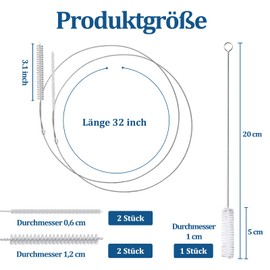 Pack of 4 Hose Brush, Two Sizes, Flexible Cleaning Brush, Stainless Steel, 1 m Bottle Brush, Extra Long Brush, Tube Brush for Straw Pipe, Hose, Bottles, Fridge Drain