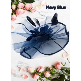 Hrxcrzco Tea Party Fascinator Hats for Womens 50s Floral Feather Headwear Derby Hats for Wedding Cocktail Party Hat, Navy Blue