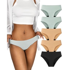 TIICHOO Seamless Period Underwear for Women Heavy Flow Period Bikini Panties 5 Pack (2XL, 2 Smoke Green/2 Beige/1 Black)