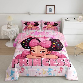 Cute Black Girls Comforter Set Twin Size,Mermaid Pink Bedding Set,Cartoon Glitter Princess Kids Down Comforter Teens Africa Theme American Duvet Insert Sweet Dots Print Reversible,1 Pillowcase