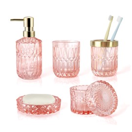 LaMarriti Pink Bathroom Accessories, 5pcs Glass Bathroom Accessories Set, Soap Dispenser Set, Soap Dish, Tumbler, Cotton Swab Jars, Toothbrush Holder, Modern Bathroom Decor, Set