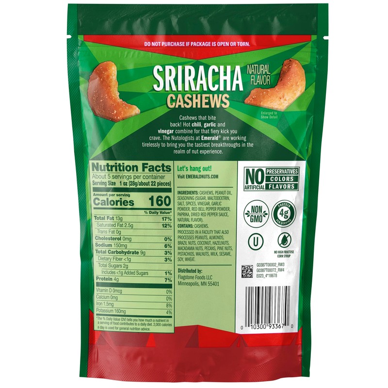 Emerald Nuts, Sriracha Cashews, 5 Oz (Pack of 2)