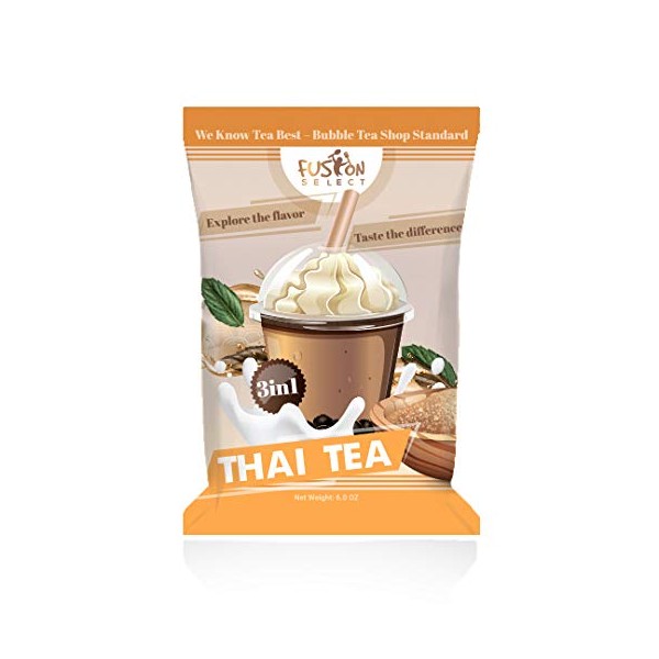 Fusion Select Bubble Tea Mix - Thai Tea 3-in-1 Drink Powder with Cream & Sugar - Instant Pre-Mixed Beverage for Hot or Cold Blends & Yummy Frappes - 6 oz. Pack, Made in Taiwan (Thai Tea)