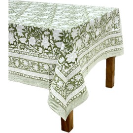 ATOSII Noori Green 100% Cotton Tablecloth, Block Print Rectangle Table Cover for Dining, Parties, Weddings, Outdoors, Holidays, 60 X 108 Inches, 8 Seater I Grandmillennial Preppy Boho Farmhouse Summer