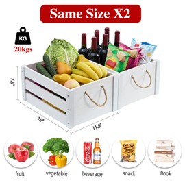 ROSOS Wooden Crates, Farmhouse Wooden Crates for Storage with Rope Handles, Solid Wood Crate for Display, Durable Wood Crate Box, Handmade Large Wooden Crates for Decor, White Crate, 2 Pack