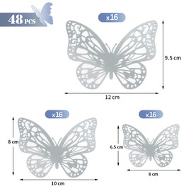 Naler 48pcs 3D Butterfly Wall Sticker Silver 3 Sizes Butterfly Wall Decals Decorative Butterflies Stickers for Walls Bedroom Party Wedding Decors, Silver