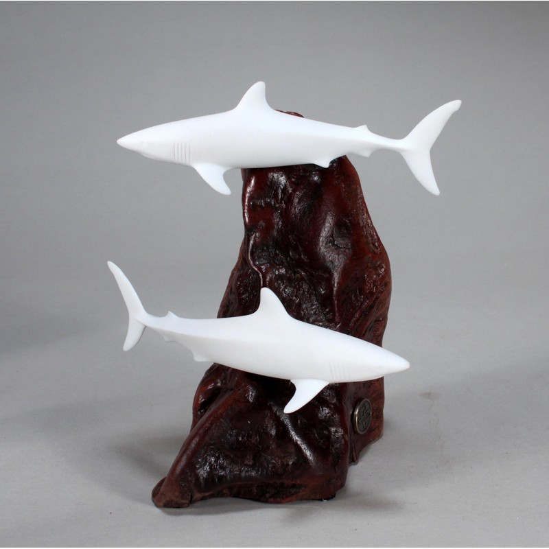 Mako Shark Duo Sculpture by John Perry Pellucida 6in Long