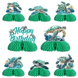 Jollyboom Sea Turtle Birthday Decorations, 8pcs Turtle Theme Honeycomb Centerpiece Double-sided Printing Marine Theme Table Decorations for Ocean Animal Turtle Birthday Baby Shower Party Supplies