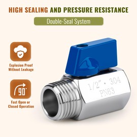 2 Pack 1/2" Mini Ball Valve, 304 Stainless Steel Valve NPT Female x Male Thread Shut-Off Valves for Small Compact Space (2, 1/2 Inch)