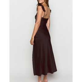 Summer Satin Lace Spaghetti Strap Midi Dress for Wedding Guest Silk Sleeveless V Neck Slit Ruffled Maxi Dress for Women Black