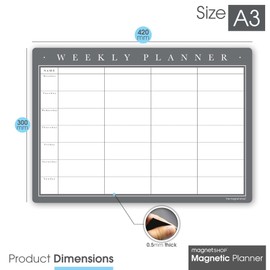 TMS A3 Magnetic Weekly Planner and Whiteboard, Fridge Memo Board for Meal Planning, Family or Business Tasks - with 4 Dry Wipe Pens (Classic Grey, A3)