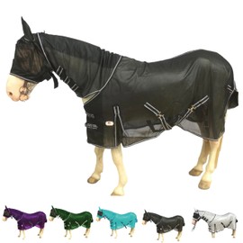 Majestic Ally Horse Fly Sheet with Neck Cover and Head Mask, Breathable UV and Bite Equine Protection, Adjustable Body Straps, Boarding or Turnout Accessory, Contoured Fit (Black, 72 Inch)