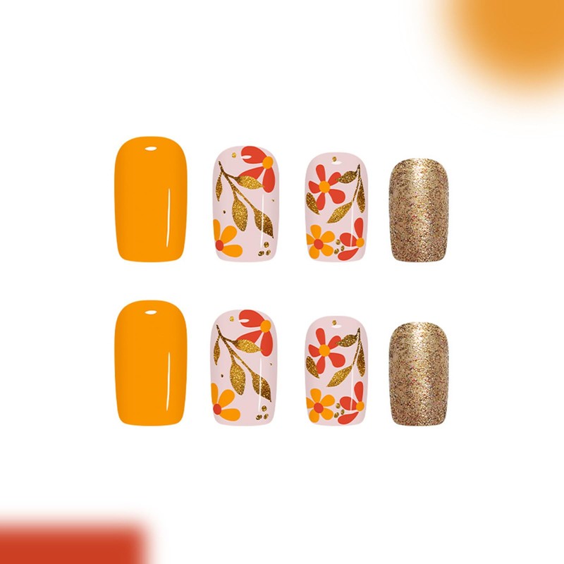 Medium Press on Nails Square Fake Nails with Orange Flowers