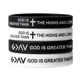 Religious Inspirational Silicone Bracelets - 4 Pack "God is Greater Than The Highs and Lows" Wristbands, Christian Cross & Symbol Bracelets, Black White, for Men Women Teens, Church & Faith Gifts