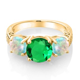 Gem Stone King 3.65 Cttw Green Simulated Emerald and White Simulated Opal 18K Yellow Gold Plated Silver Ring For Women | Gemstone Birthstone | Round 8MM and 6MM | Available In Size 5, 6, 7, 8, 9
