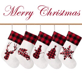 LUBOT Set of 5 Christmas Stocking(20inch) Silhouette Buffalo Red Plaid/Rustic/Farmhouse/Country Cotton Fireplace Hanging Xmas Stockings Decorations for Family Holiday Season Decor