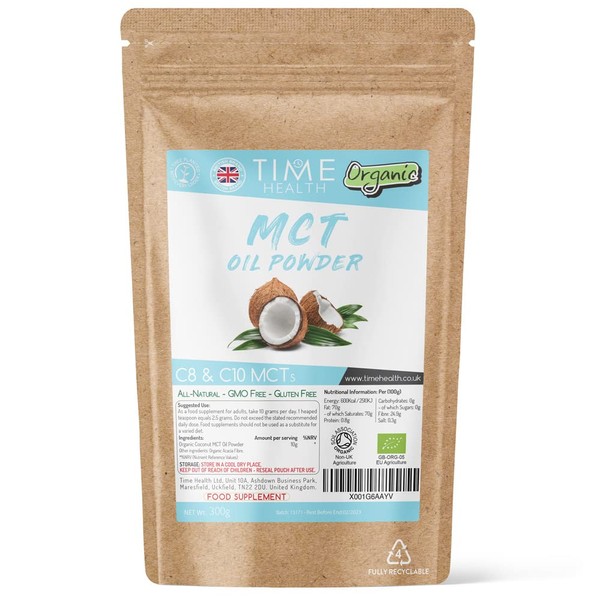 New: Organic Coconut MCT Oil Powder - C8 & C10 - Perfect for Keto - No Carbs - Healthy Fats and Fibre - Unflavoured - Vegan (300g Powder Pouch)