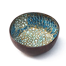 ChezMax Natural Coconut Bowl with Mother of Pearl Inlays - Key Bowl & Fruit Snack Holder (Blue-Gold)