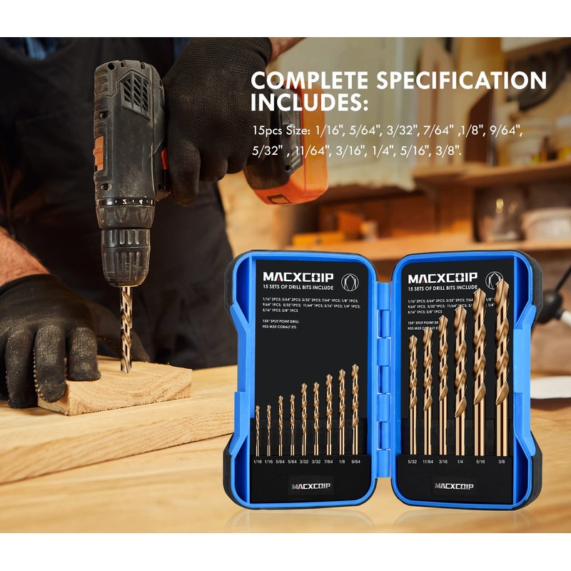 MACXCOIP Cobalt Drill Bit Set, 15Pcs M35 High Speed Steel