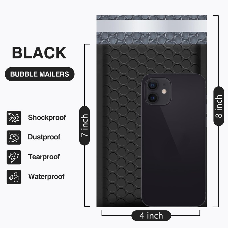 UCGOU Bubble Mailers 4x8 Inch Black 50 Pack Usable Size