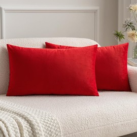 MIULEE Velvet Soft Soild Microfiber Decorative Square Pillow Case Throw Cushion Cover for Sofa Bedroom with Invisible Zipper 12x20 Inch 30x50cm Bright Red Set of 2 Lined