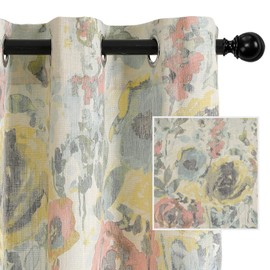 Cotton Curtains 84 Inch for Bedroom Burlap Effect Curtains Draperies for Living Room Vintage Floral Printed Pattern Curtains with Grommet Top Window Drapes, 2 Panel, 52 x 84 Inch, Yellow and Natural