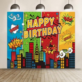 hraiufc Cartoon Superhero Birthday Backdrop 10x8ft Super City Boom Photography Backdrop Urban Night View City Building Photo Backdrop Kids Boy Superhero Birthday Party Background Decoration Supplies