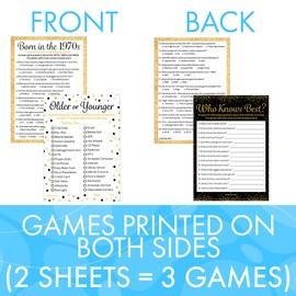 DISTINCTIVS Birthday Party Games - Born in The 1970s Black and Gold Birthday Game Bundle - 45th or 50th Birthday - Set of 3 Games for 20 Guests