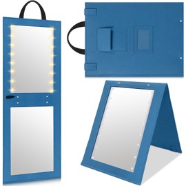 Youyole 1 Pack Backstage Hanging Mirror with Light 31.5x11.8 Inch Travel Foldable LED Full Length Mirror Dance Bag Mirror for Dancers Artists Aestheticians Home Spa Events(Blue)