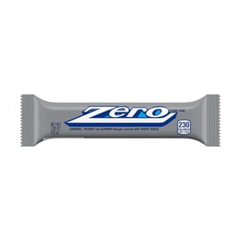 Zero Candy Bars 24 Pack 1.85 oz Each Caramel, Peanut, and Almond Nougat Covered with White Fudge Classic Retro Chocolate-Free Candy Bar
